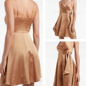 Express Mocha Satiny Slip Dress w Faux Wrap Front Spaghetti Straps Fit & Flare